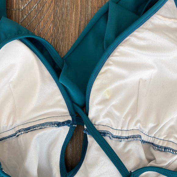Teal strappy one piece swimsuit. - Picture 3 of 3